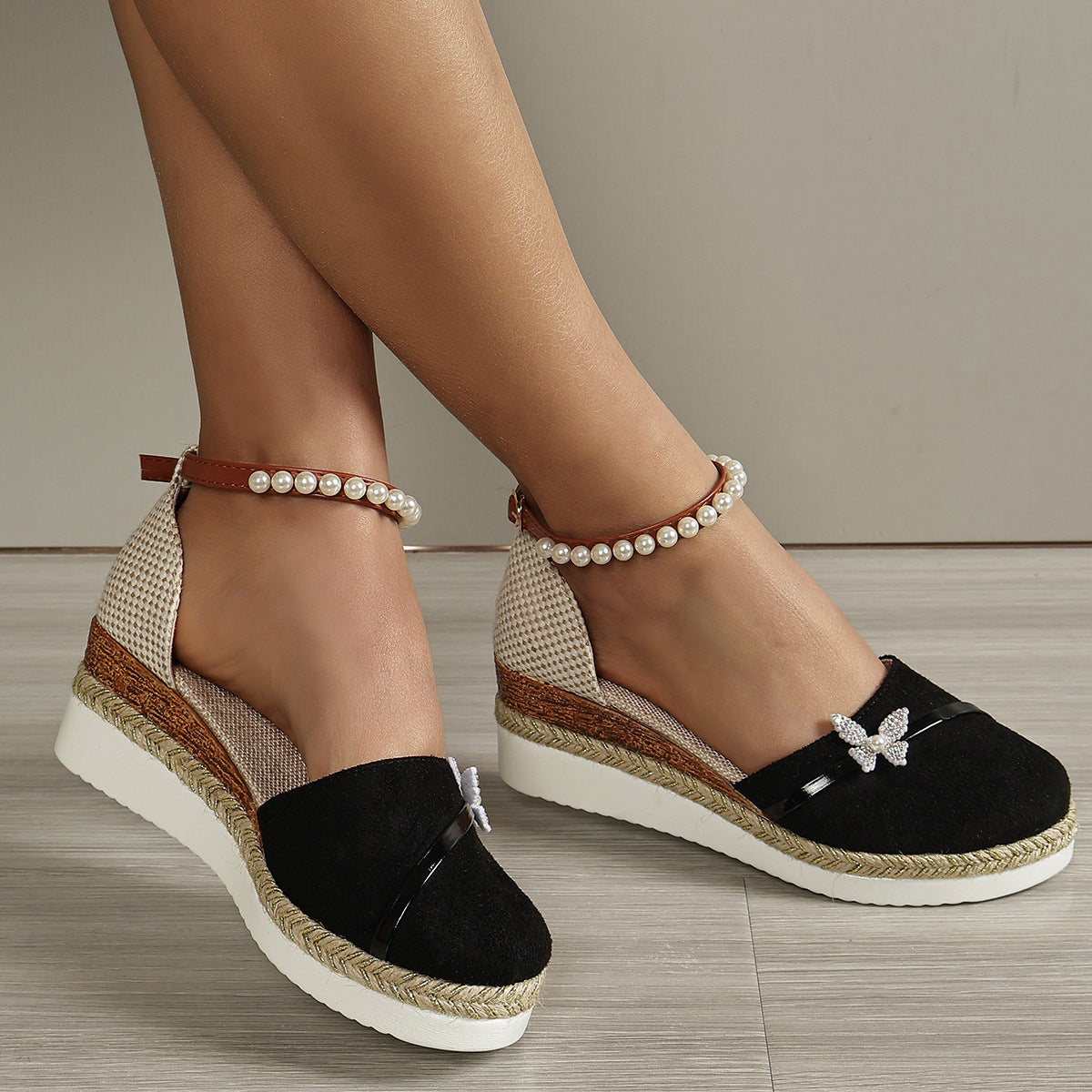 Chaussure compensée à nœud en corde de paille tressée