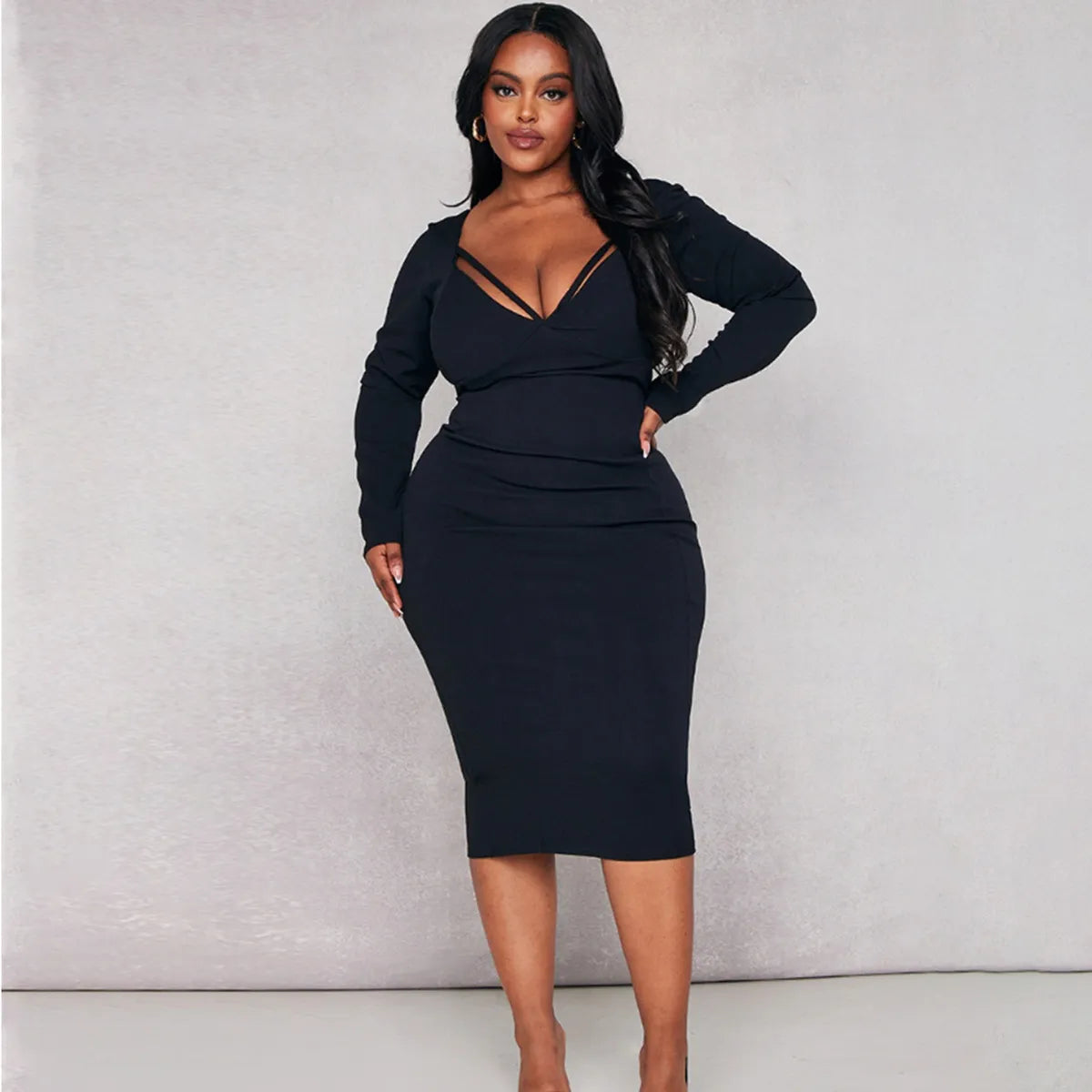 Robe mi-longue à manches longues col en V - Chic&Shines