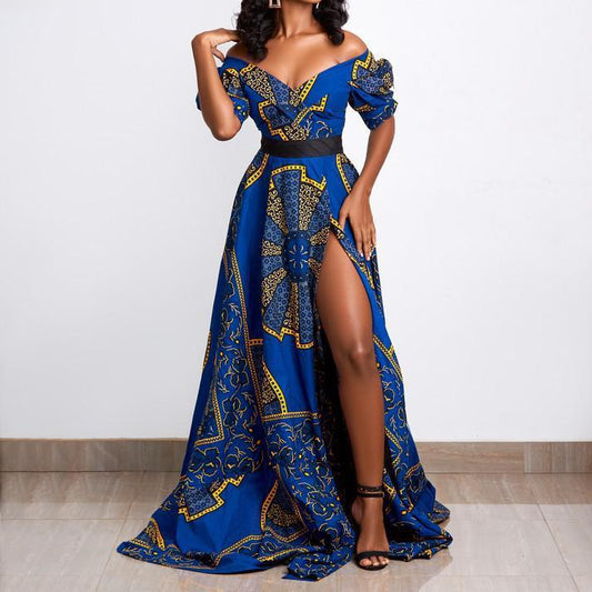 Robe longue décolleté manches courtes fendue imprimée - Chic&Shines