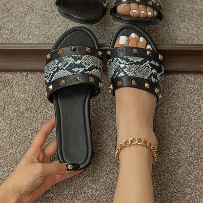 Sandales Plates A Rivet simili cuir Imprimé Serpent - Chic&Shines