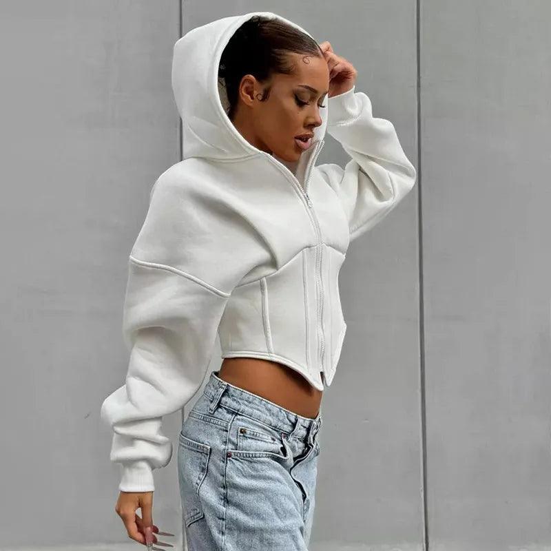 Sweat court à capuche manches longues fermeture éclair - Chic&Shines