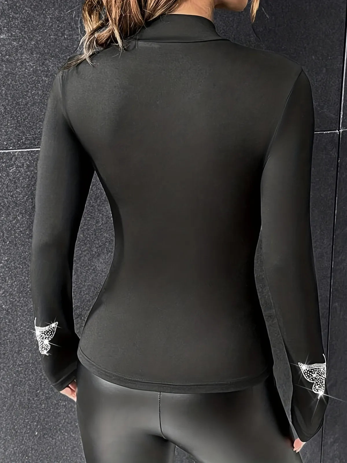 Haut moulant manche longue imprimé papillon strass - Chic&Shines