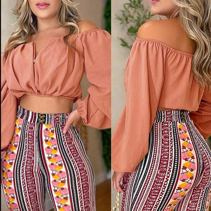 Ensemble Haut Épaules Dénudées À Manches Longues Pantalons - Chic&Shines