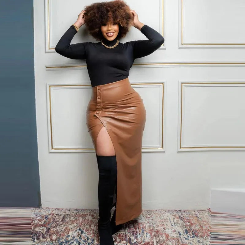 Jupe Simili Cuir Fendue Taille Haute - Chic&Shines