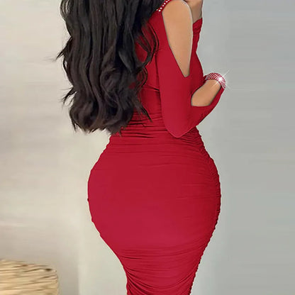 Robe mi-longue moulante épaule dénudée col V strass - Chic&Shines