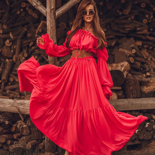 Ensemble Haut Court À Manches Longues Et Jupe Longue - Chic&Shines