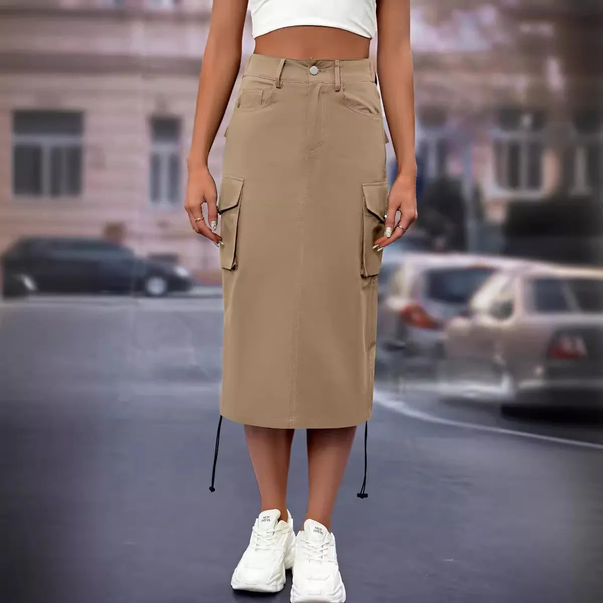 Jupe cargo mi-longue lacet latérale - Chic&Shines