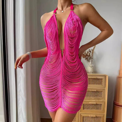 Robe Courte Col Licou Dos Nu Ligne À Franges D'été - Chic&Shines
