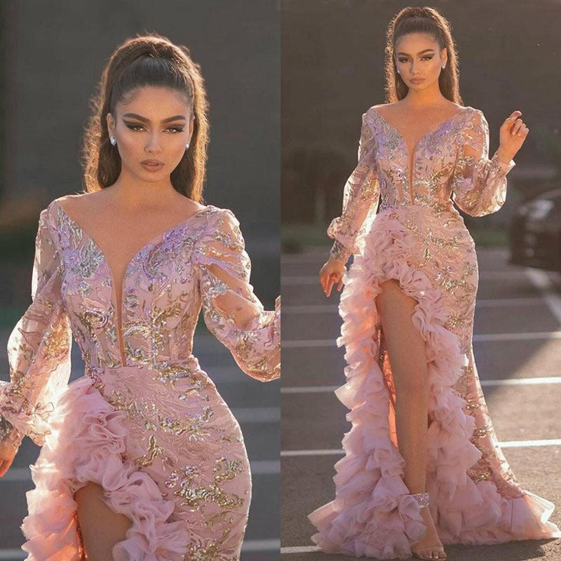 Long Sleeve Mesh Evening Dress 