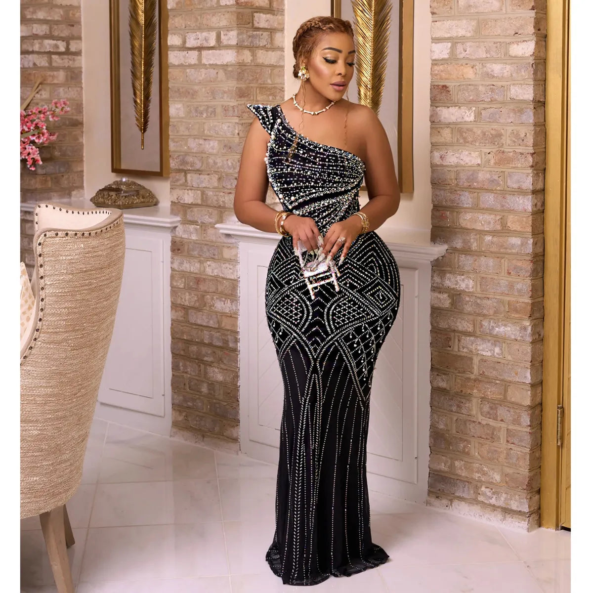 Robe longue épaules inclinées en strass - Chic&Shines