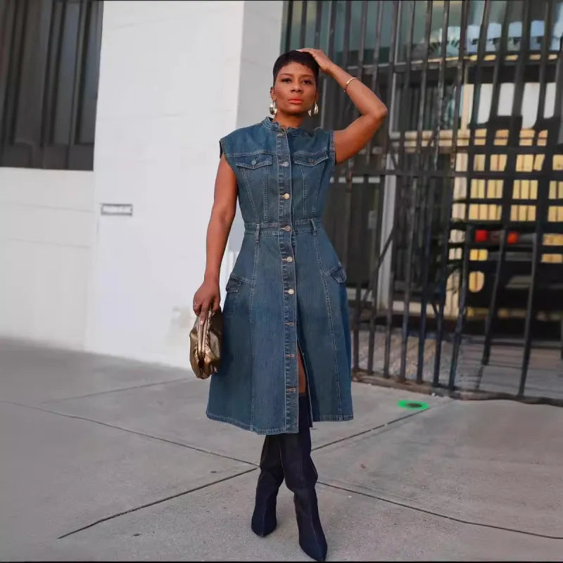 Robe En Jean À Boutons Sans Manches - Chic&Shines