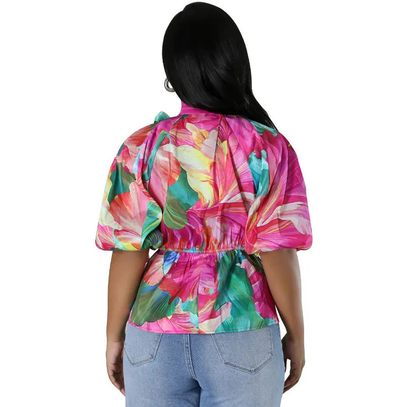 Chemisier à manches courtes et col montant à lacets - Chic&Shines