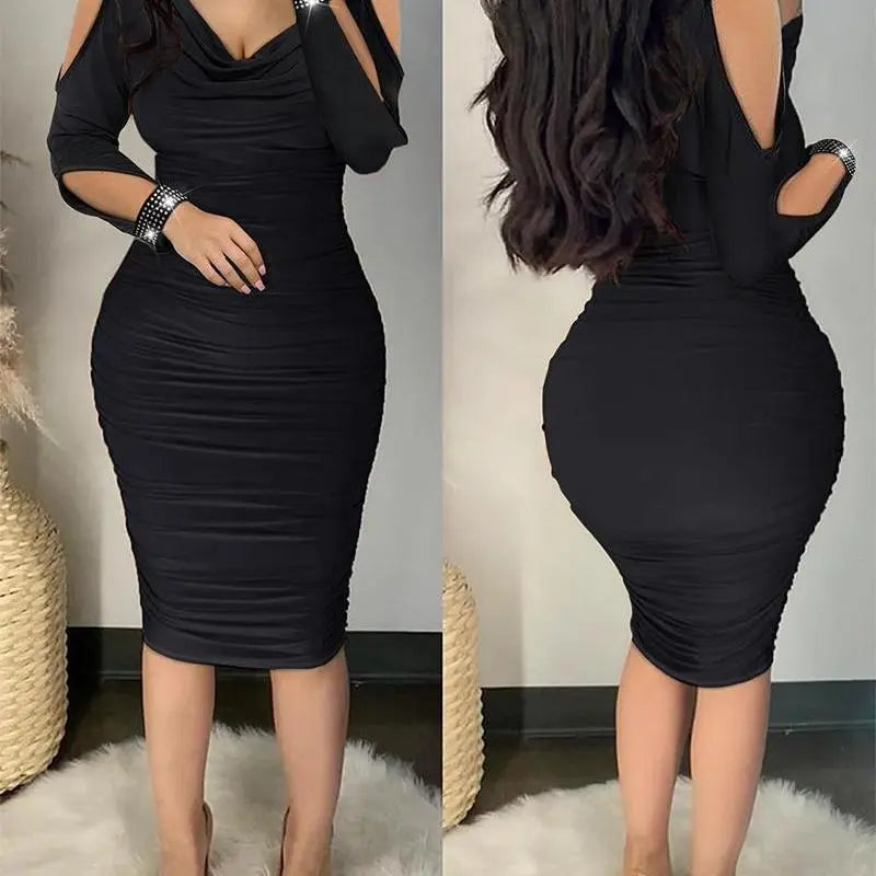 Robe mi-longue moulante épaule dénudée col V strass - Chic&Shines