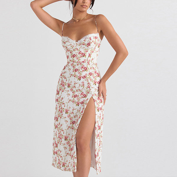 Robe mi-longue décolleté À Bretelles Spaghetti fente latérale