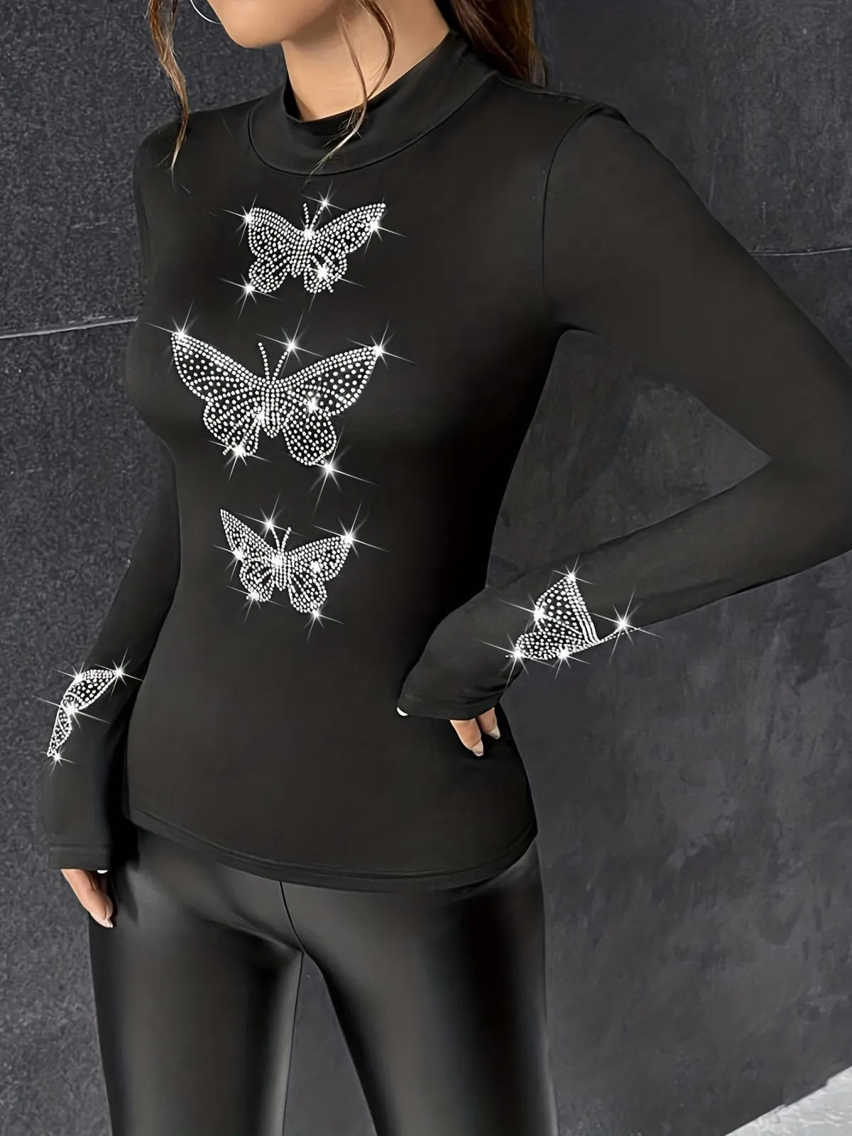 Haut moulant manche longue imprimé papillon strass - Chic&Shines