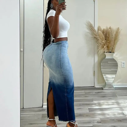 Jupe Jeans  Longue Fendue Dégradée Taille Haute - Chic&Shines