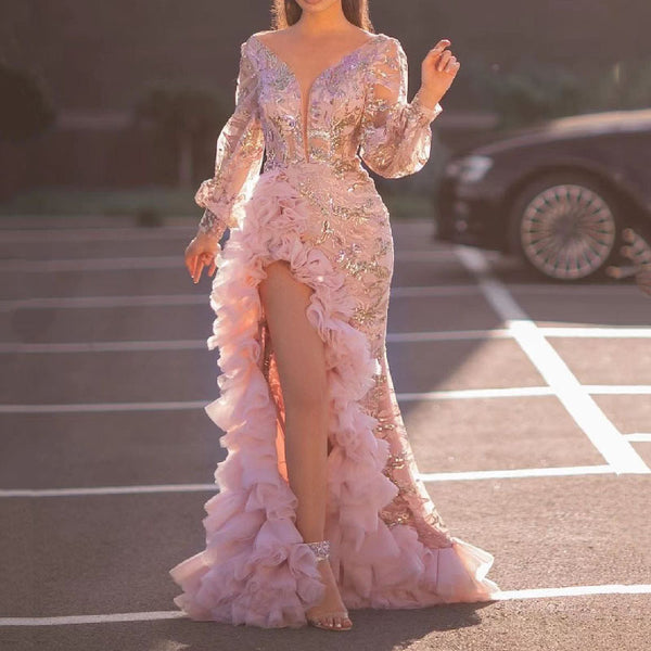 Vestido de noche de malla de manga larga 