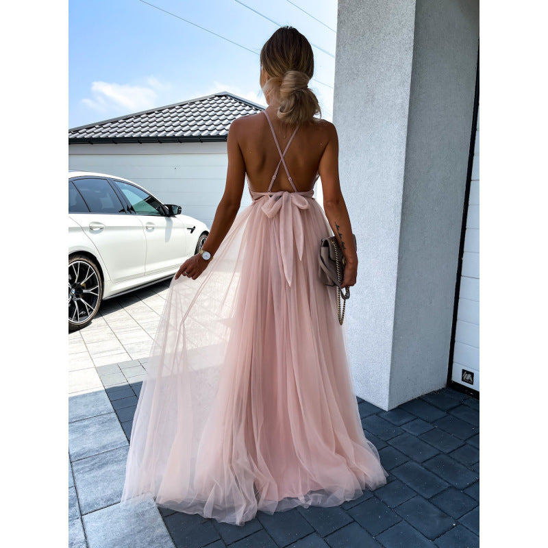 Long Evening Dress with Straps and Backless Mesh 