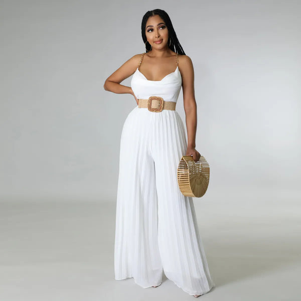 Chain strap backless pleated wide leg jumpsuit