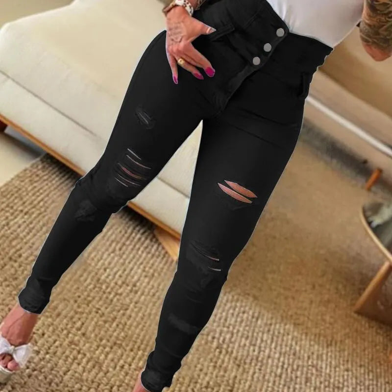 Jeans Déchirés Skinny Taille Haute