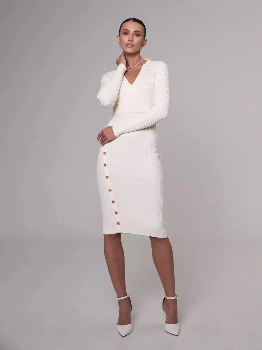 Robe pull mi-longue moulante col V - Chic&Shines