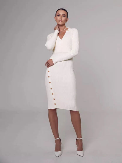 Robe pull mi-longue moulante col V - Chic&Shines