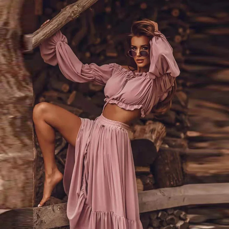 Ensemble Haut Court À Manches Longues Et Jupe Longue - Chic&Shines