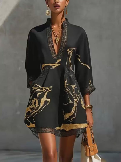 Robe courte ample en coton et lin manches trois-quarts et ceinture