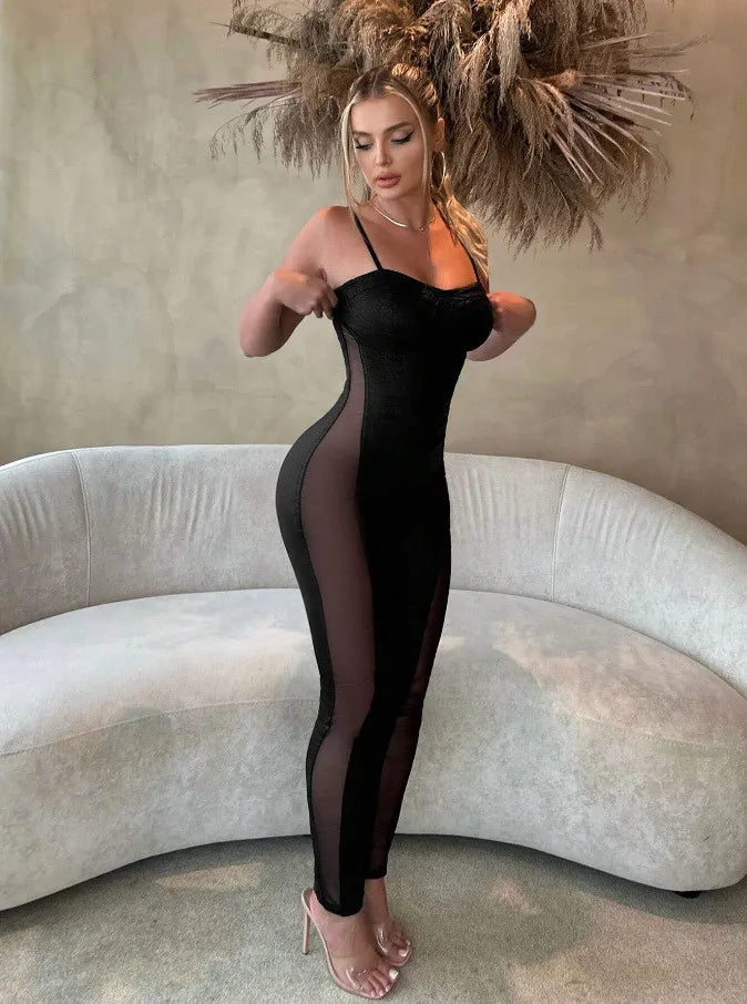 Combinaison Pantalon A Bretelles En Maille Transparent - Chic&Shines