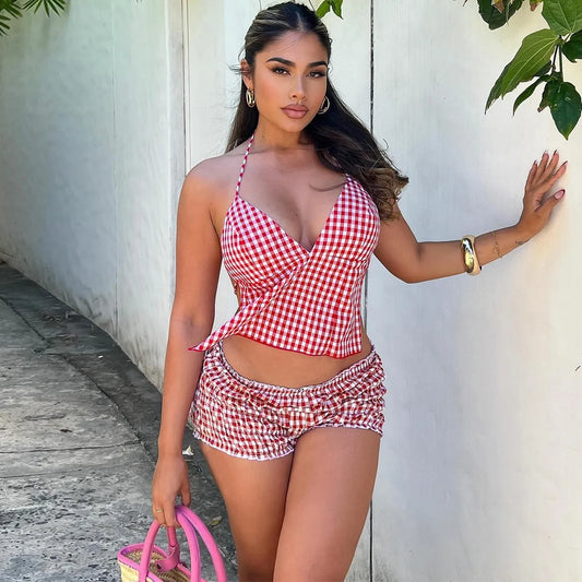 Ensemble haut col licou à lacets dos nu et short - Chic&Shines