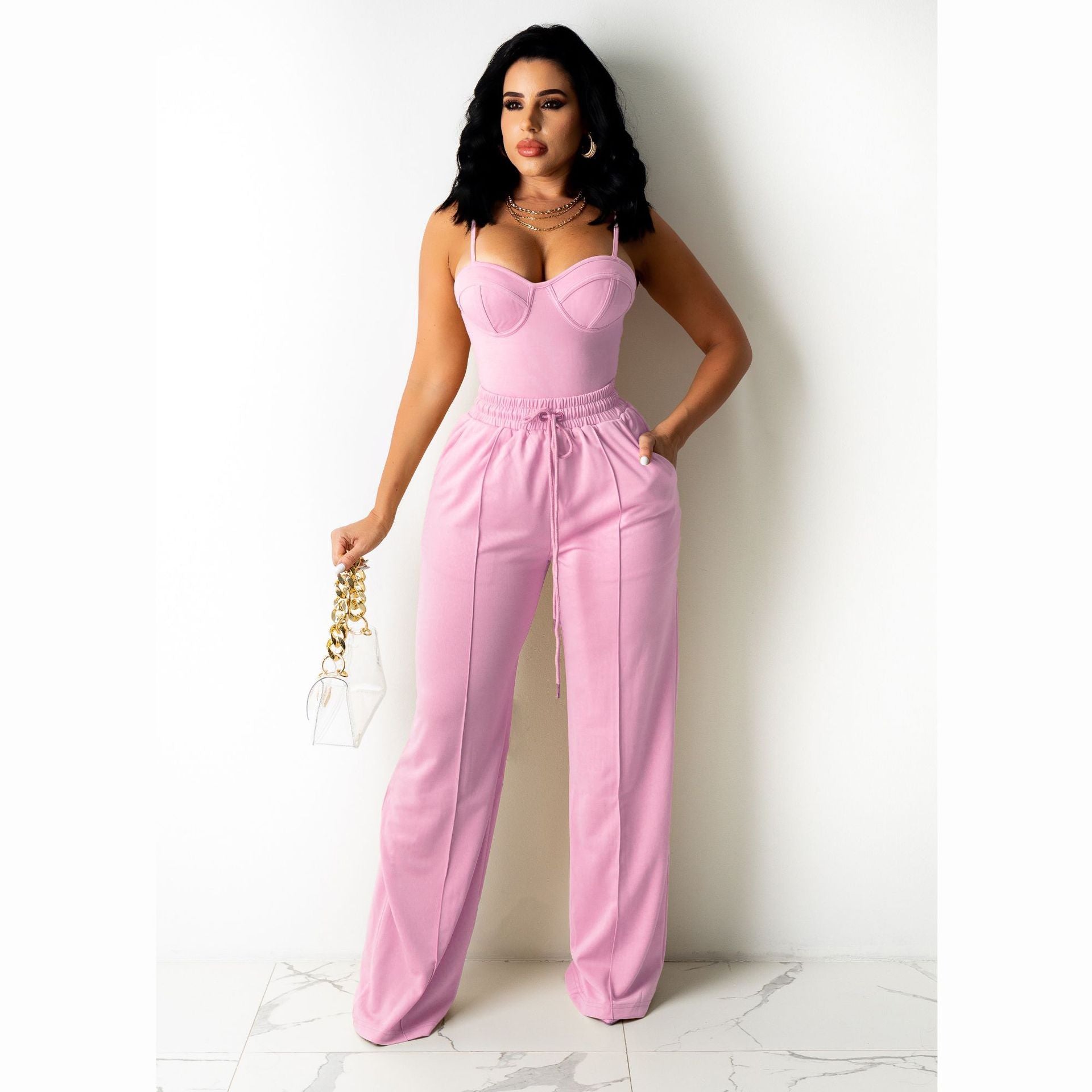 Sleeveless strappy top and solid wide leg pants set