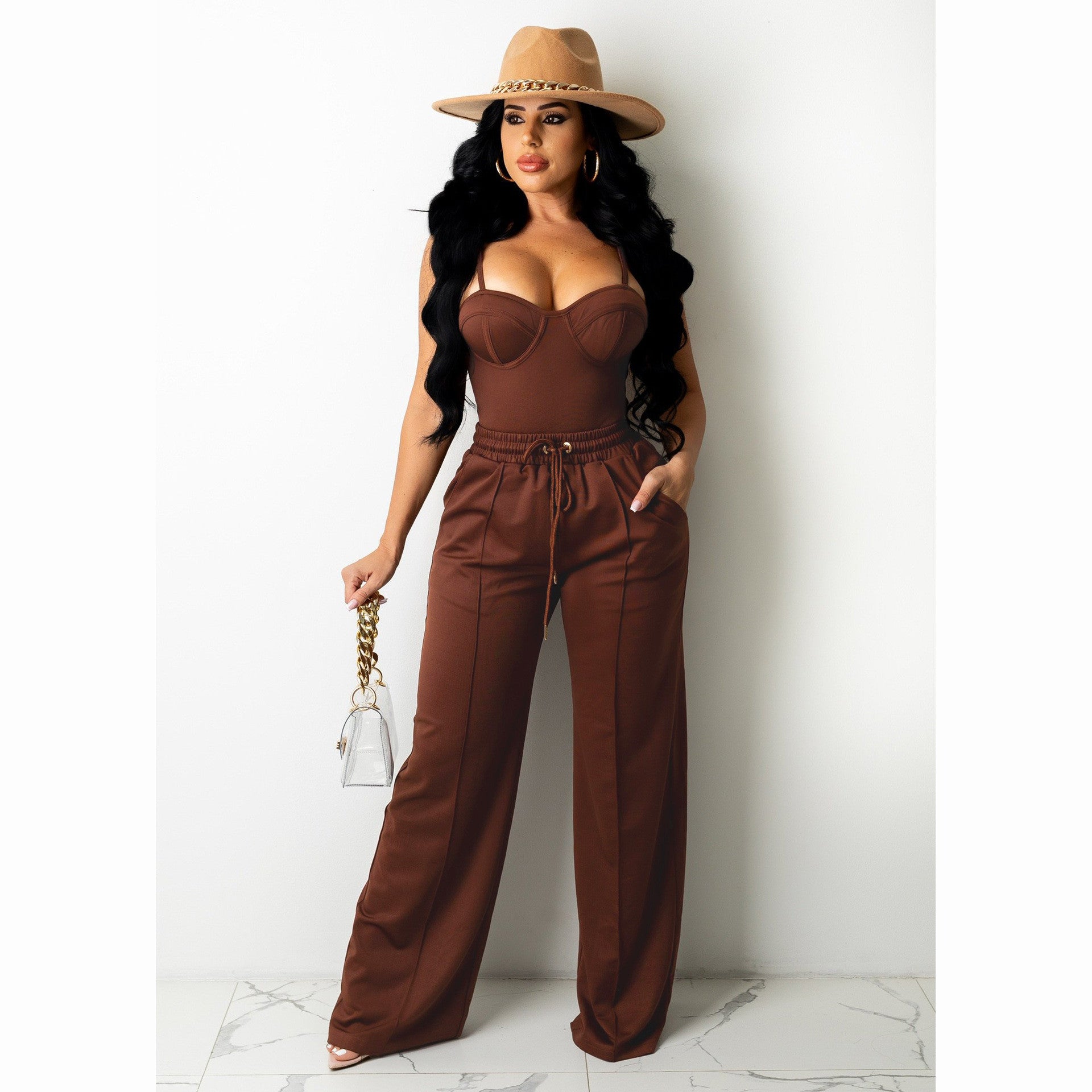 Sleeveless strappy top and solid wide leg pants set