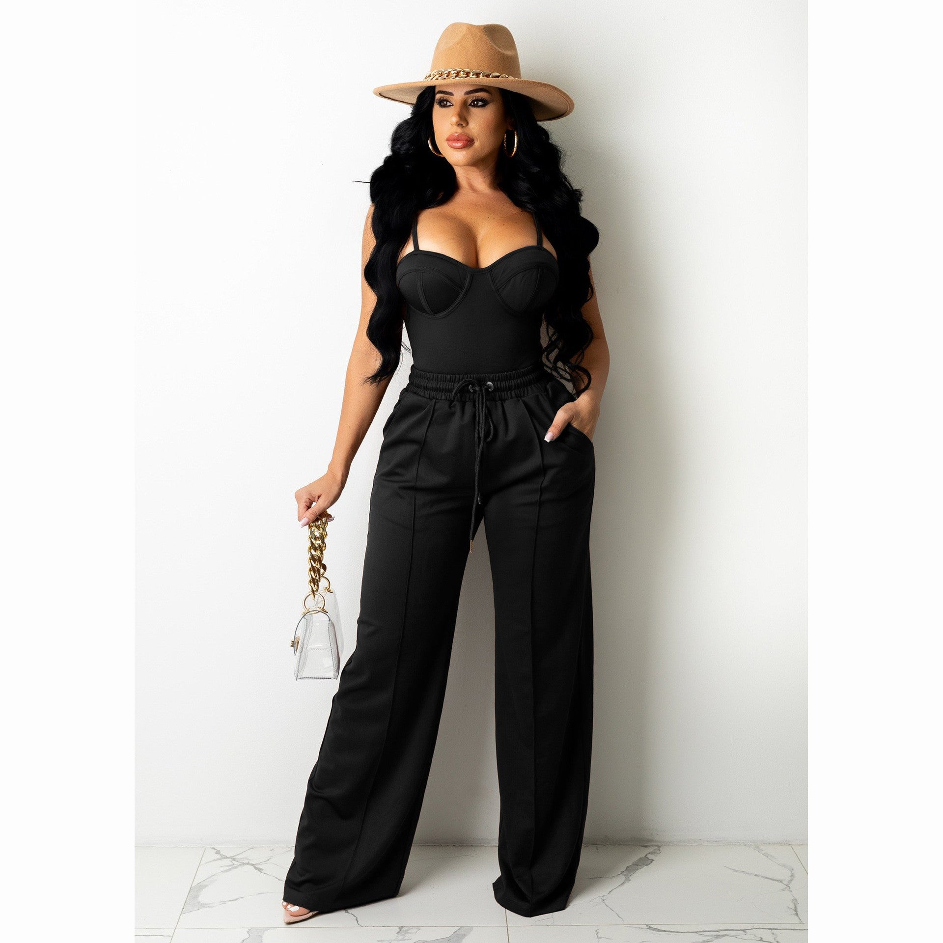 Sleeveless strappy top and solid wide leg pants set