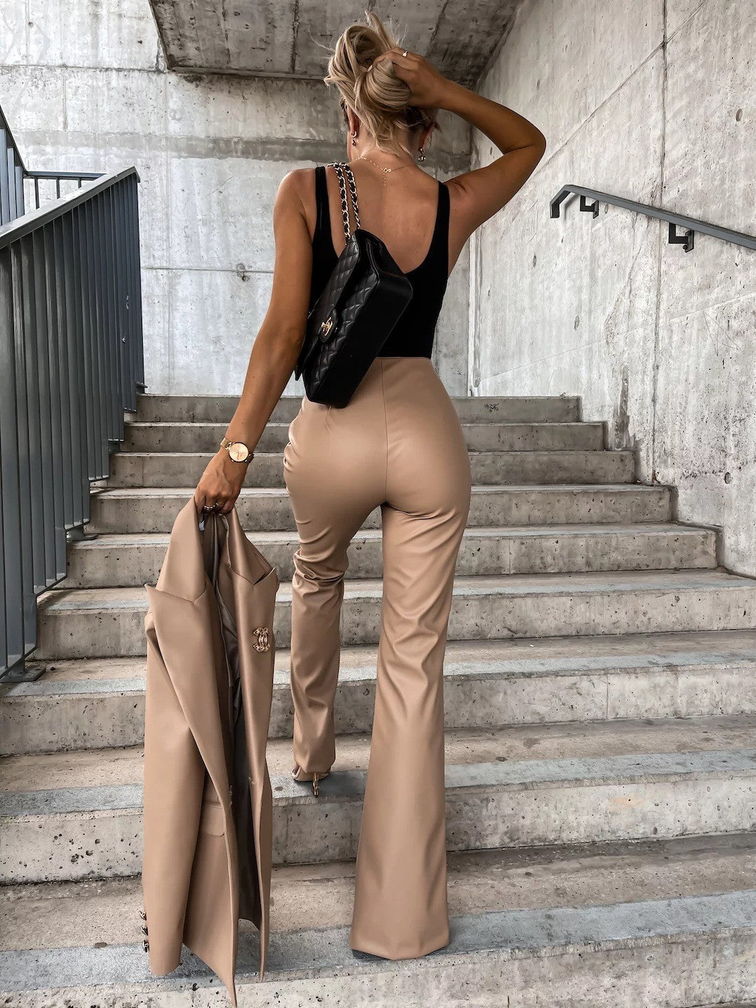 Pantalon simili cuir Taille Haute Fendu