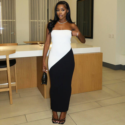 Robe longue bustier en tube à coutures contrastées - Chic&Shines