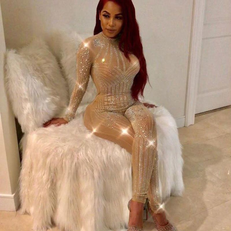 Combinaison moulante manches longues en strass maille transparent - Chic&Shines