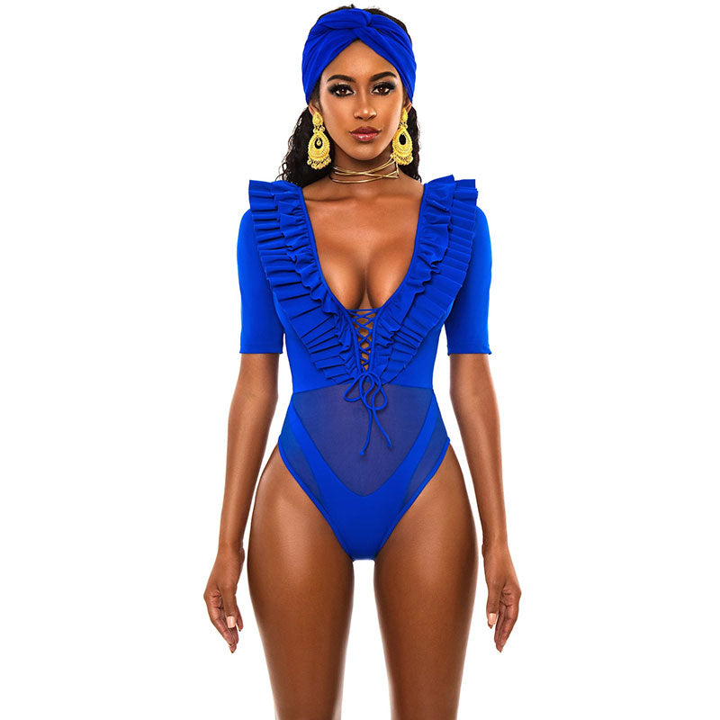 Maillot de bain une pièce col V à volant - Chic&Shines