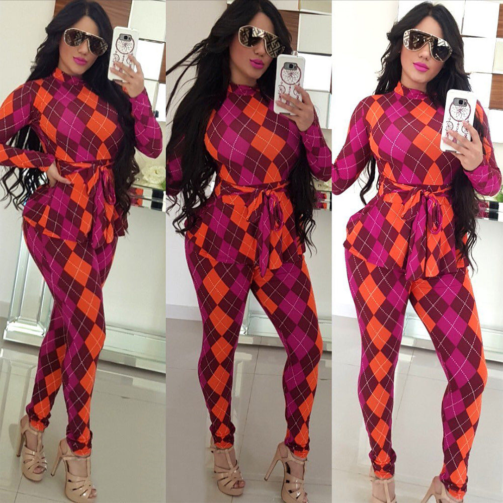 Combinaison pantalon col rond manches longues à carreaux avec ceinture - Chic&Shines