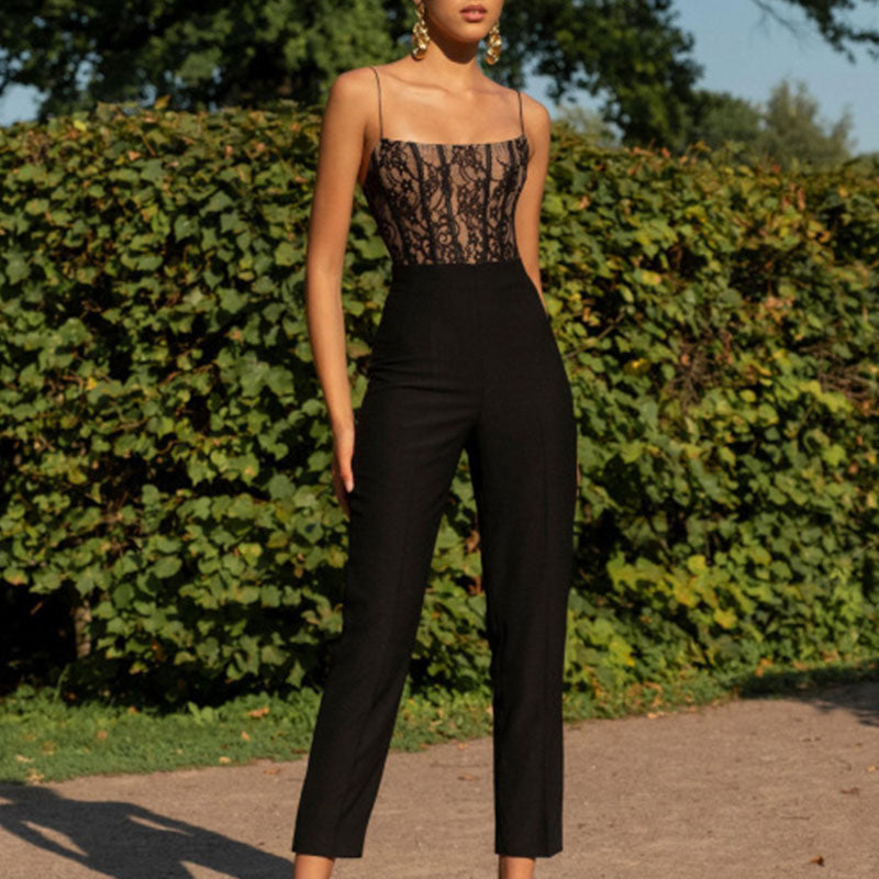 Combinaison pantalon à bretelles spaghetti en dentelle transparente