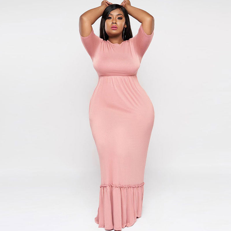 Robe longue col rond  taille haute manches courtes - Chic&Shines