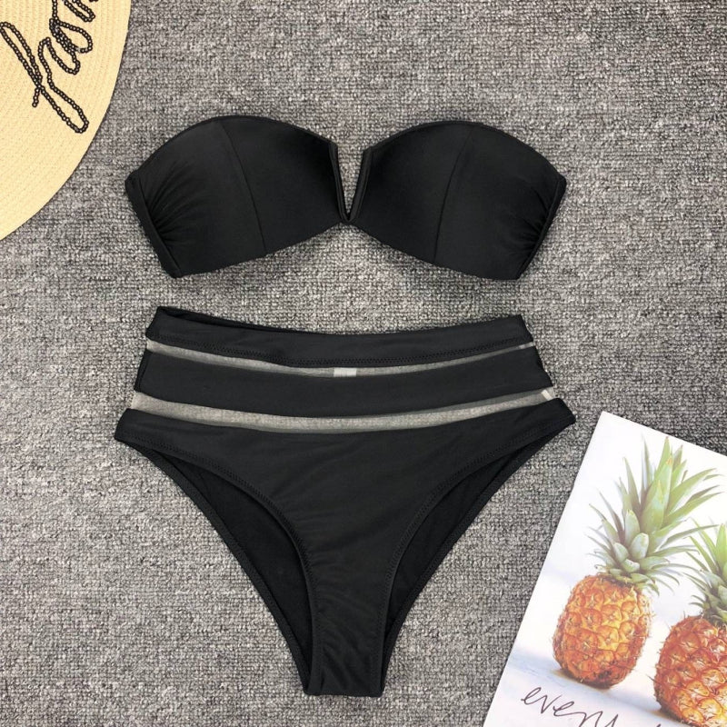 Maillot de bain deux pièces haut bustier et bas taille haute avec tulle - Chic&Shines