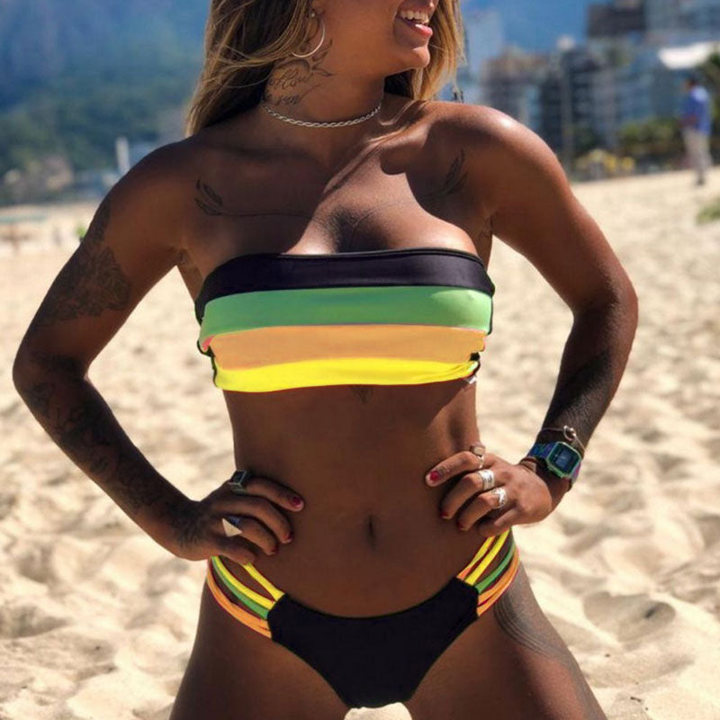 Bikini deux pièces top tube motif à rayure multicolore - Chic&Shines