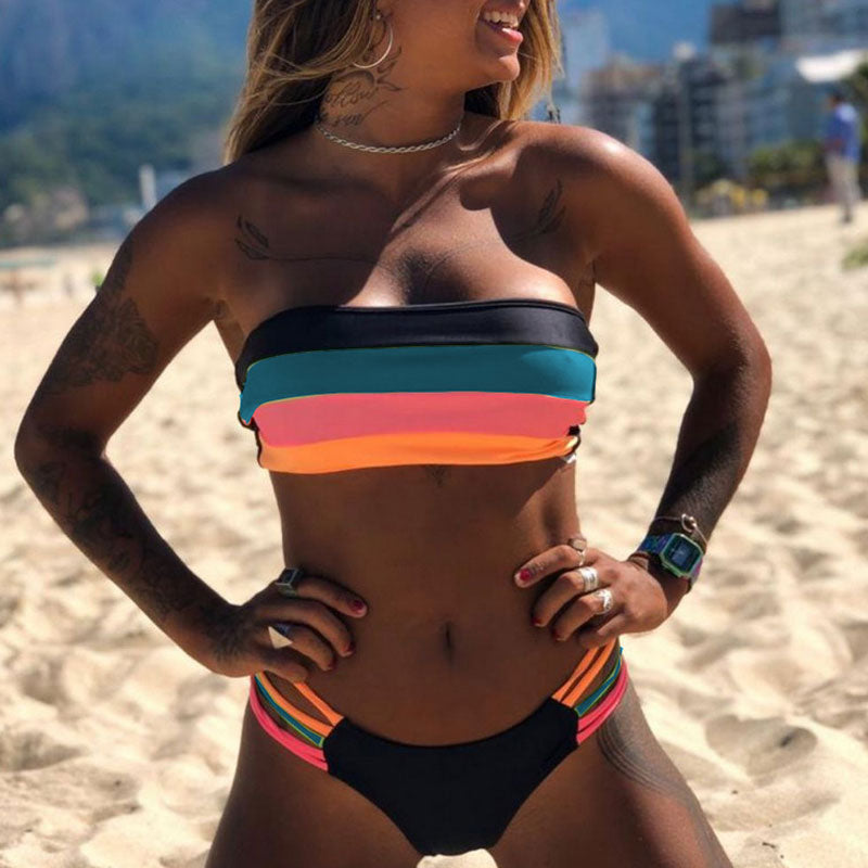 Bikini deux pièces top tube motif à rayure multicolore - Chic&Shines