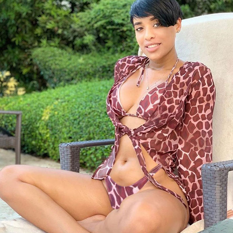 Bikini trois pièces sexy avec son kimono imprimé léopard - Chic&Shines