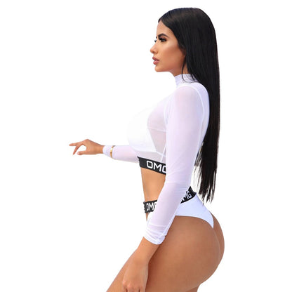 Bikini trois pièces haut manches longues transparent en maille - Chic&Shines