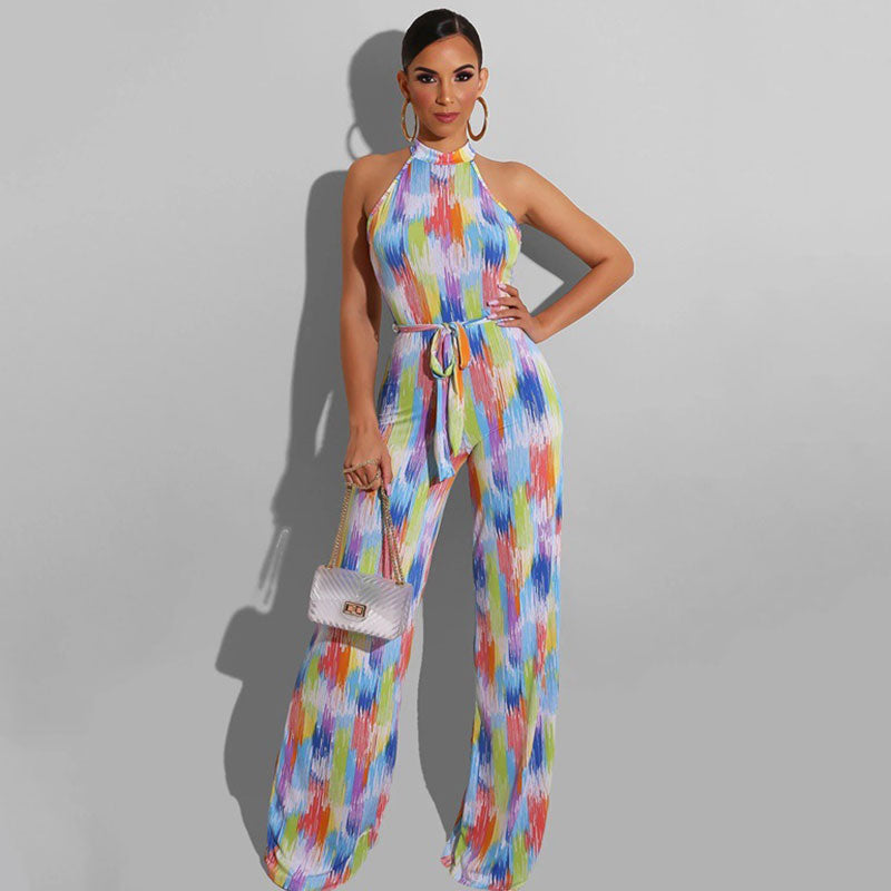 Combinaison pantalon évasé licou décontractée imprimé abstrait - Chic&Shines