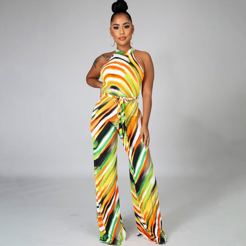 Combinaison pantalon évasé licou décontractée imprimé abstrait - Chic&Shines