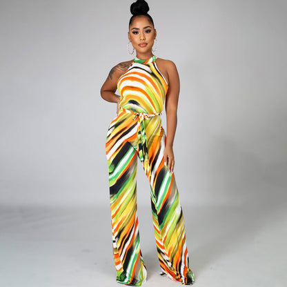 Combinaison pantalon évasé licou décontractée imprimé abstrait - Chic&Shines