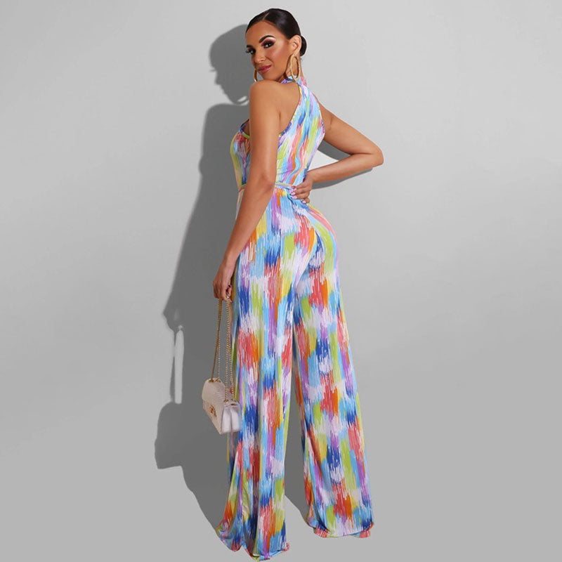 Combinaison pantalon évasé licou décontractée imprimé abstrait - Chic&Shines