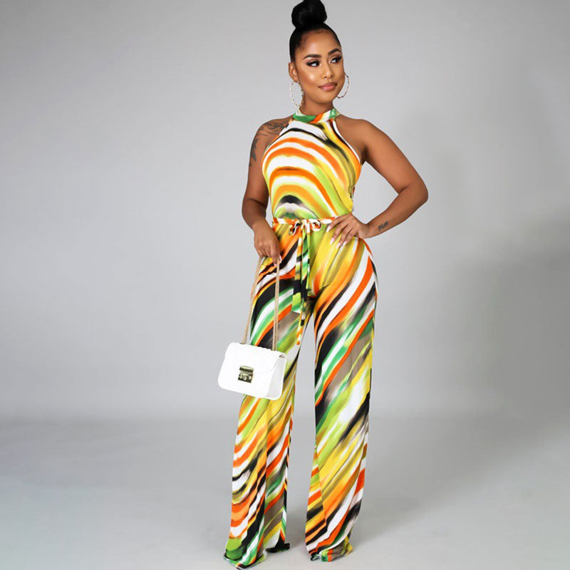 Combinaison pantalon évasé licou décontractée imprimé abstrait - Chic&Shines